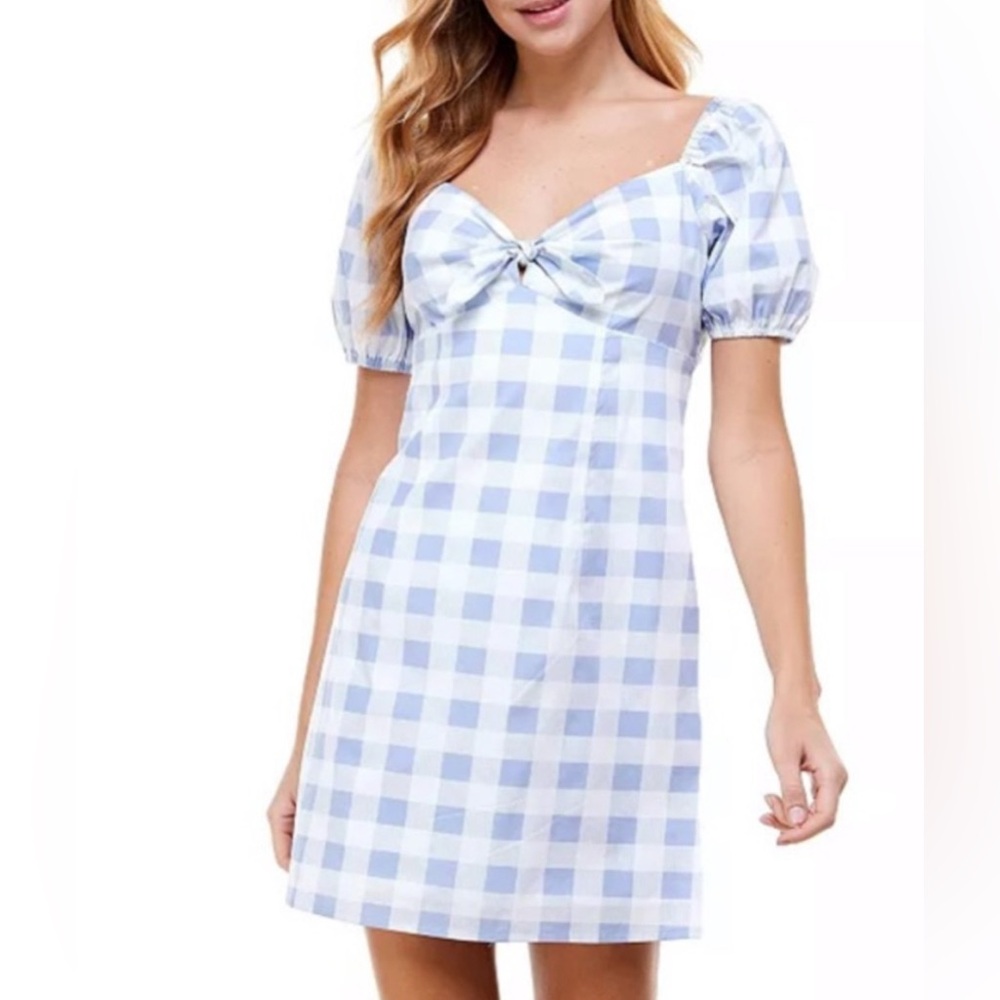 City Vibe Light Purple and White Gingham Puff Sleeve Dress with Back Zipper